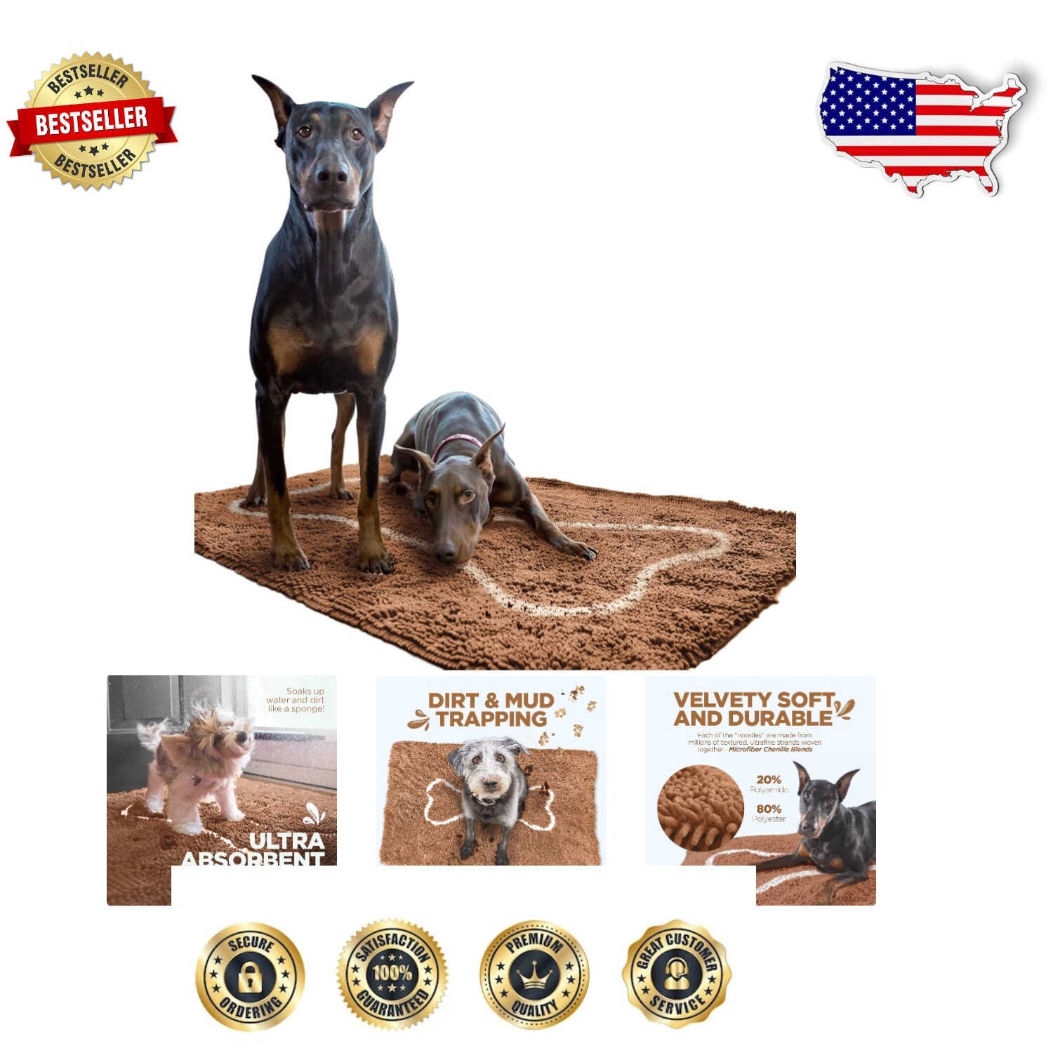 Caramel Brown Chenille Dog Mat with Bone Design Ideal for High-Traffic Areas