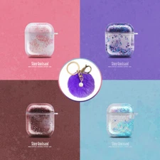 Cute Liquid Glitter Cover + Fur Ball Keychain Loop For Apple AirPods Case 1 / 2