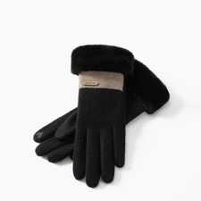 Ladies Faux Wool Gloves Touch Screen Fluffy Faux Fur Trim Outdoor Thermal Casual