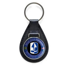 Cold War Veteran 187th Infantry Brigade Black Leather Keychain Silver Keyring