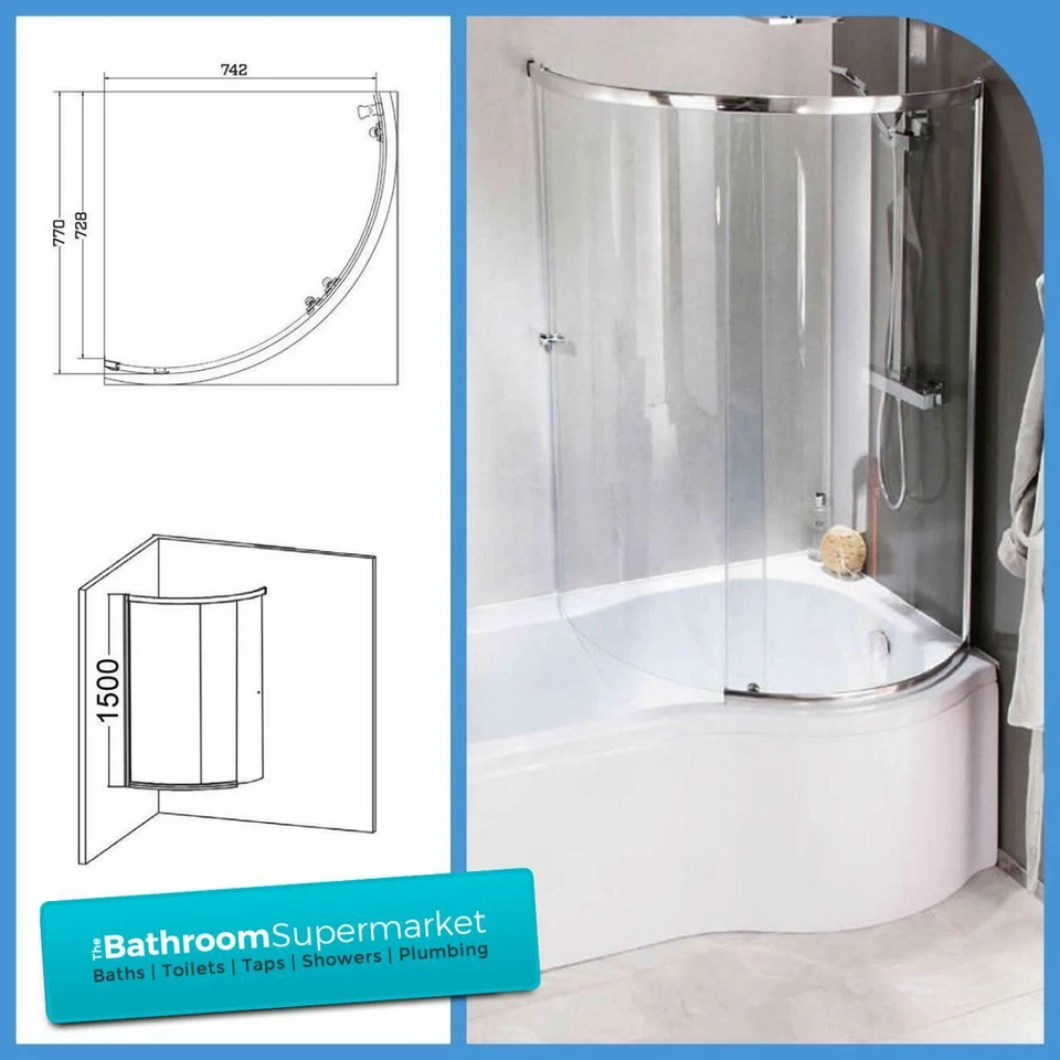 PLUMBWORKZ Curved Shower Bath Screen Sliding Glass P Shape Shower Bath Screen Chrome Frame