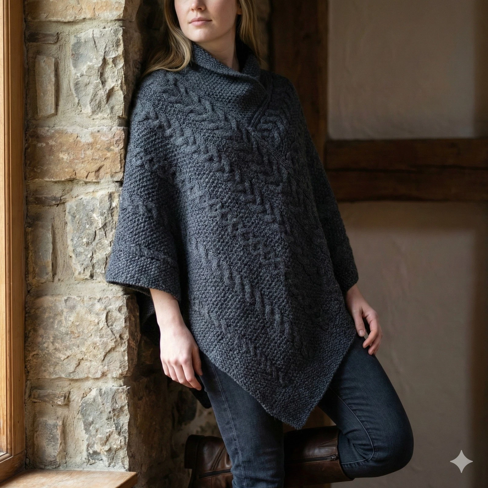 Aran Sweater Market Poncho Merino Wool Cable Knit Charcoal Grey Made in Ireland