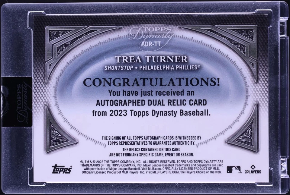 TREA TURNER 2023 TOPPS DYNASTY GAME USED DUAL 3 COLOR PATCH AUTO /5 SEALED CARD - Image 2 of 2