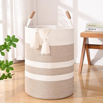 Striped Laundry Basket, Brown Laundry Hamper with Leather 60L Brown & White