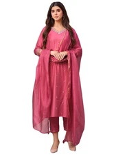 GoSriKi Women's Rayon Viscose Straight Embroidered Kurta with Pant & Dupatta