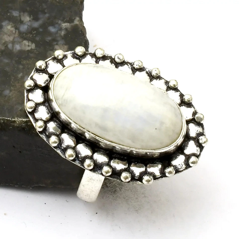 Regenbogen Mondstein Edelstein ethnischer handgefertigter Ring Schmuck Geschenk US-Größe 8 AR 33415