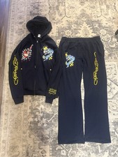 Vintage Ed Hardy Navy Blue Zip Up Hoodie and Sweatpants Set - Size XL