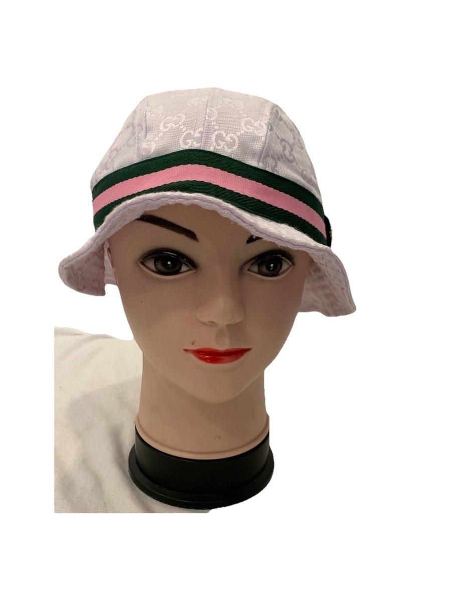 GUCCI Pink GG Monogram Bucket Hat w/ Green Stripe Logo Patch Made