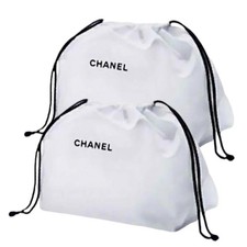 Chanel White Organic Colton Pouch Black Drawstrings Dust Bag Organiser 2Pcs AUS
