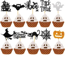 60Pcs Halloween Cupcake Toppers,Glitter Happy Halloween Cupcake Picks Bat Pumpki
