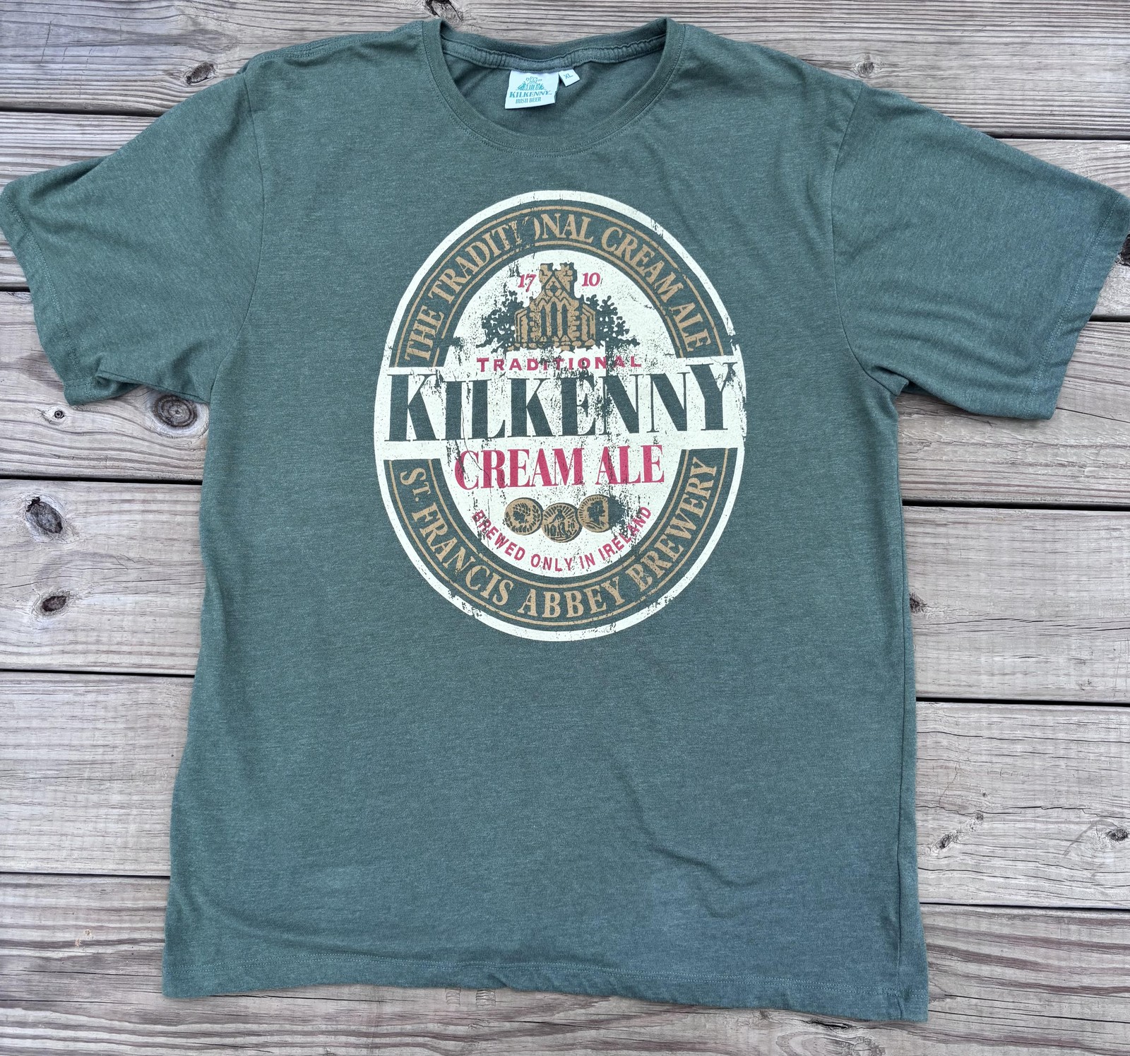 Kilkenny Irish Beer Shirt Mens XL Green Cream Ale Graphic Tee St Francis Abbey