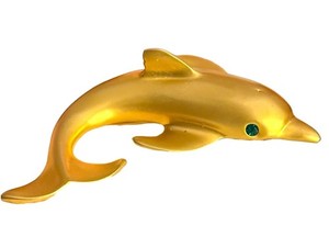 Vintage Dolphin Brooch 1980s Matte Gold Tone with Green Crystal Eye
