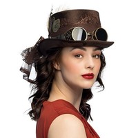 Steampunk Hut Specspunk Deluxe Braun Mit Brille Feder Zylinder Karneval-KostüM