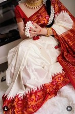 White Red Odisha Sambalpuri Ikat Pure Silk Saree Women Handloom Wedding Blouse