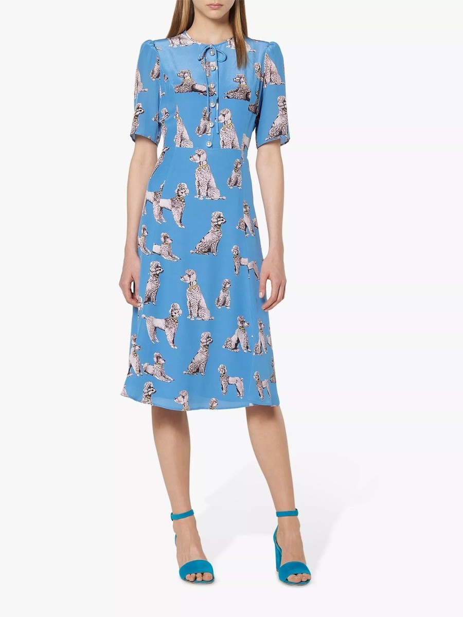 LK Bennett Silk DR Crawford Dog Print Dress UK 12 Blue Midi