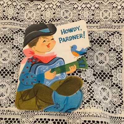 Vintage Greeting Card Birthday Howdy Pardner Cowboy Blue Bird