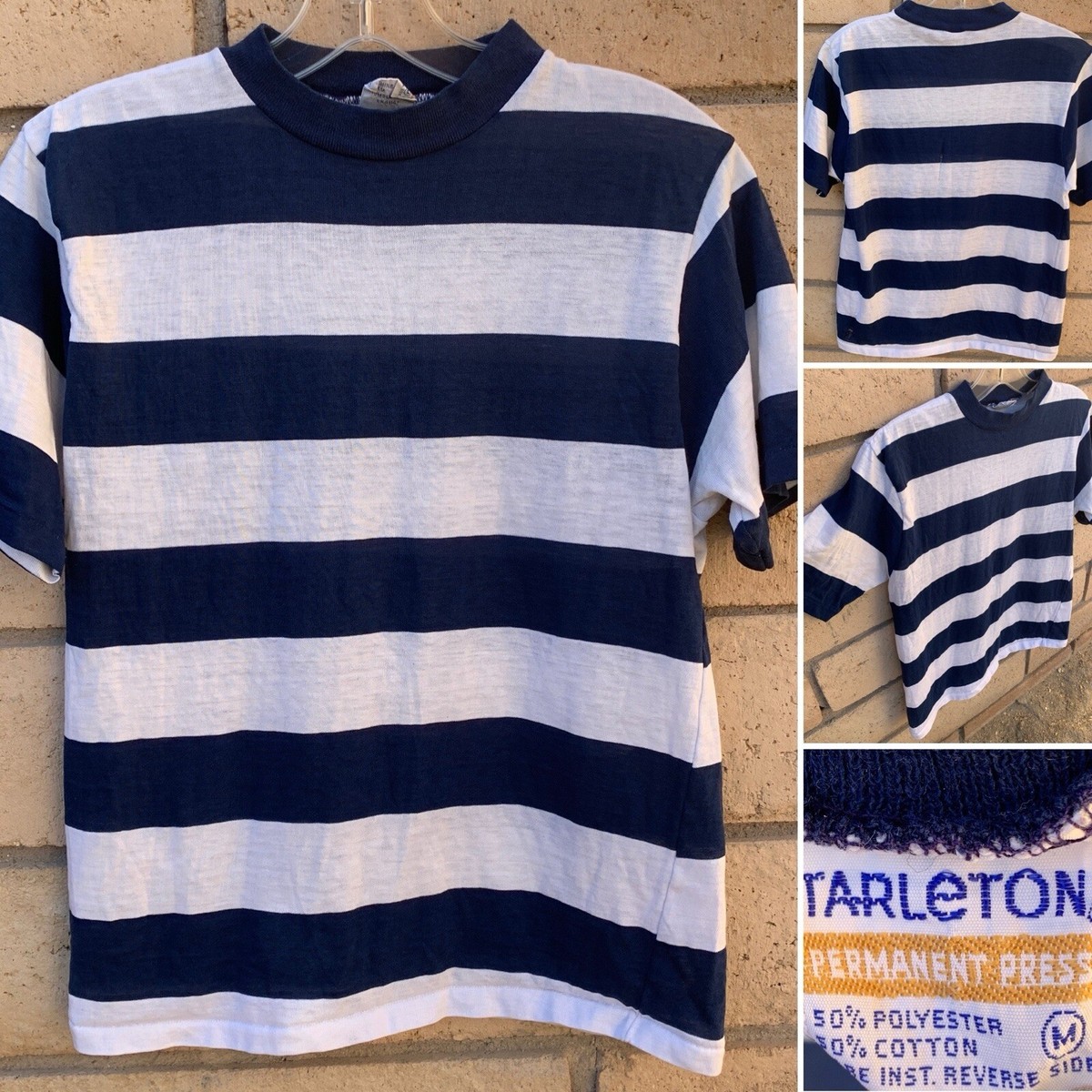 Vintage Tarleton Permanent Press T Shirt Bold Striped Worn Distressed Size M View 2