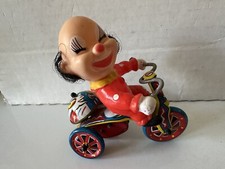 Vintage Tin Litho Mechanical Wind-Up Clown Tricycle Bell Toy MTU Made In Korea