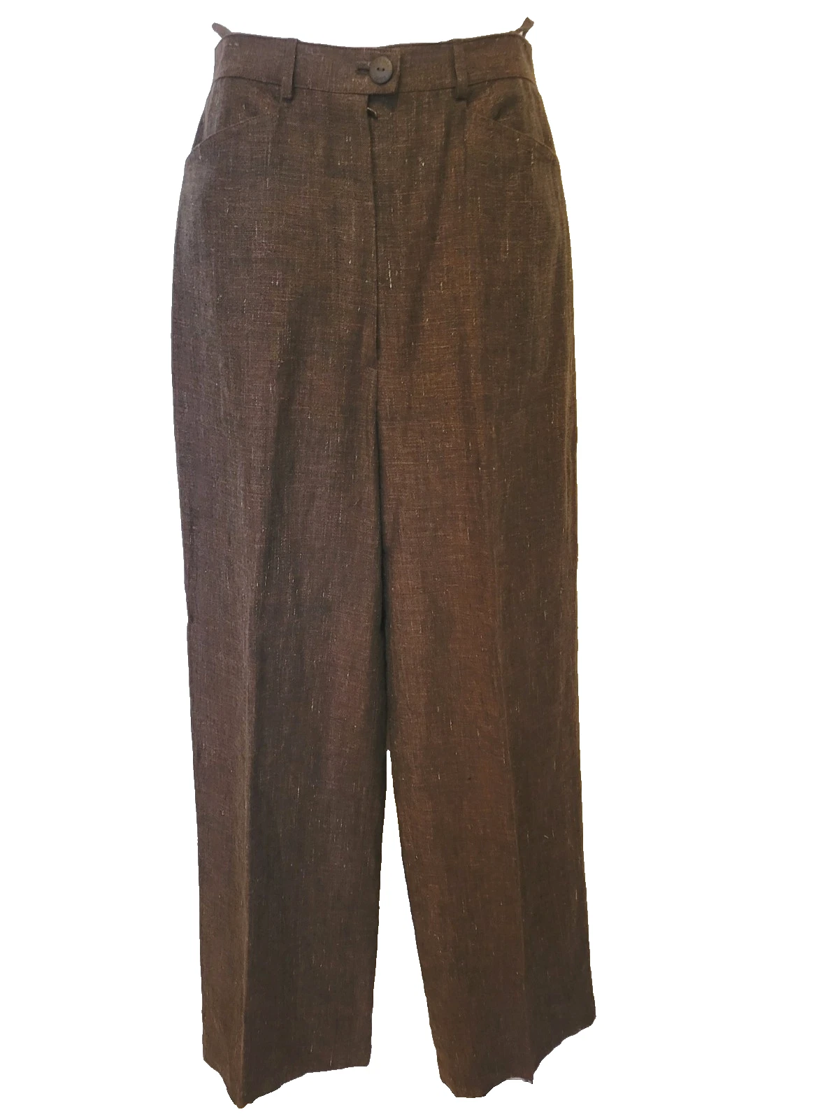 AUTENTICA TUTA LINO MARRONE CHANEL 2000 GIACCA CROPPED PANTALONI GAMBA LARGA LOGO BOTTONI 36