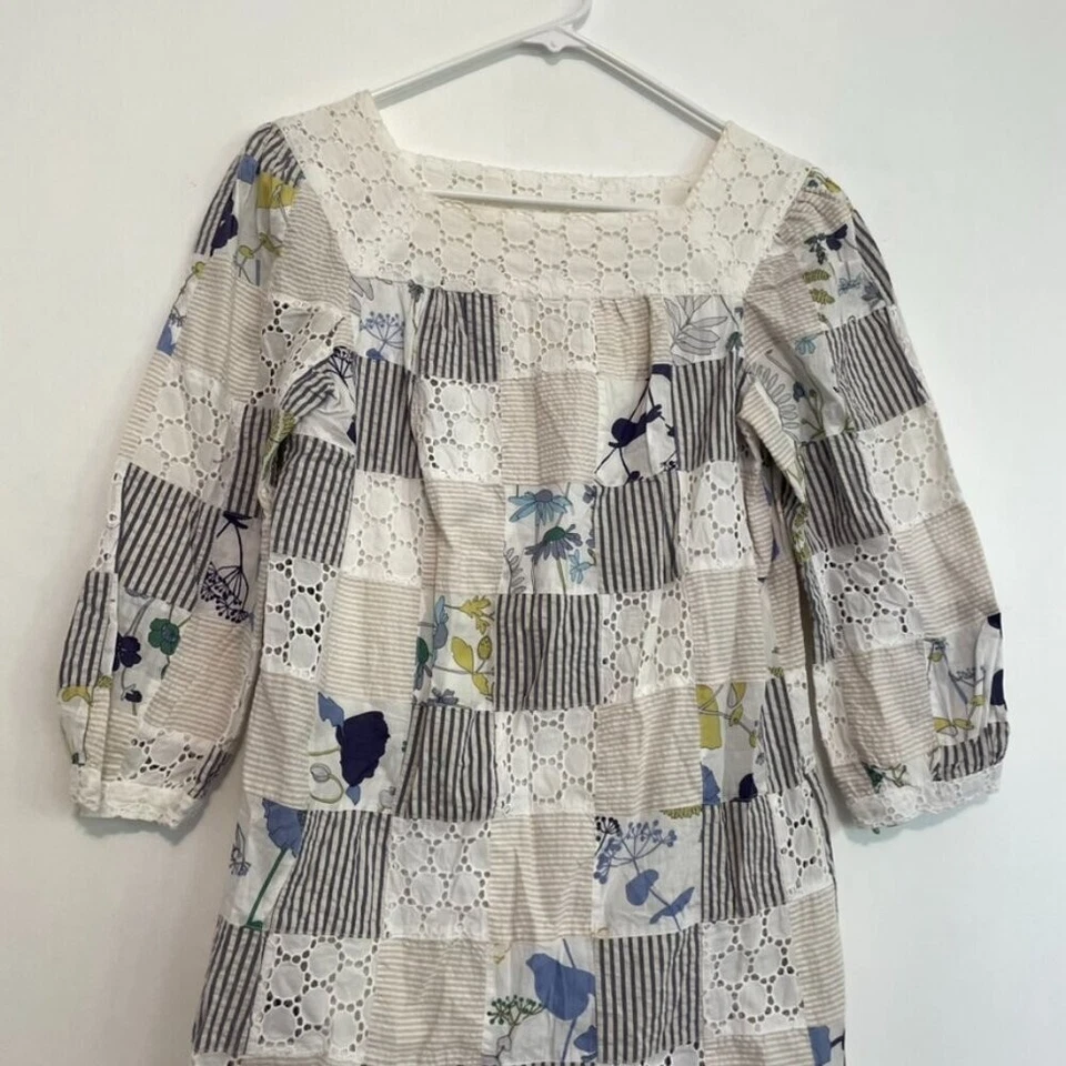 THREAD SOCIAL White Patchwork Striped Floral Seersucker Eyelet Cotton Dress sz 6 - Image 2 of 4