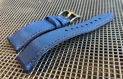 22mm Sky BLUE Sailcloth Canvas/Leather watch band strap ORANGE Stitch
