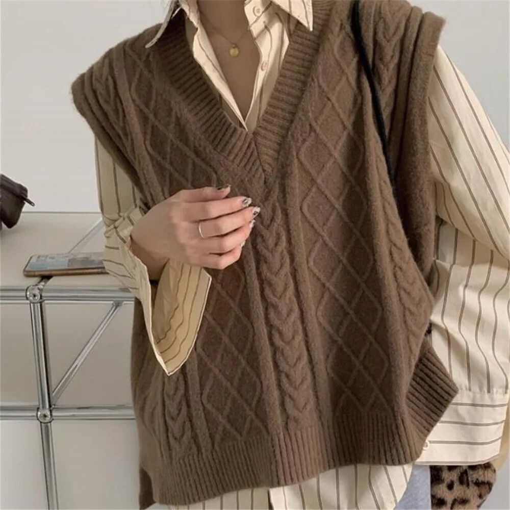 Vest Women Retro Solid Loose Sleeveless Knitted Sweaters All-match Casual Tops-image