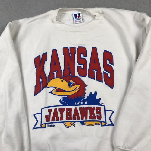 VINTAGE Kansas Jayhawks Sweatshirt Mens Large White Russell Athletic Crewneck - 第 2/9 張圖片