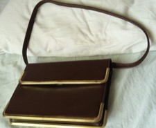 Vintage MARKAY BAGA Handbag Clutch Brass Brown Solid Leather BAG Womens USA MADE