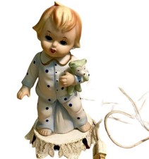 Nightlight Lamp Girl In Pajamas Teddy Bear Figurine Vintage Nursery Electric