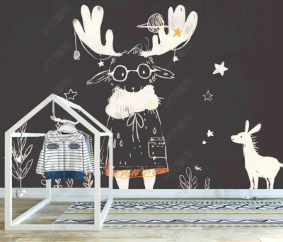 3D Modern Black Cartoon Elk Kids Self-adhesive Removeable Wallpaper Wall Mural