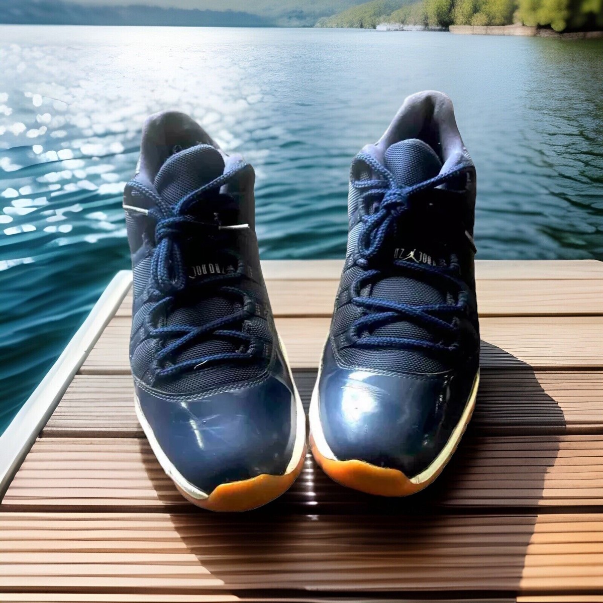 NIKE AIR JORDAN 11 RETRO LOW PATENT LEATHER SNEAKER NAVY/GUM/WHITE