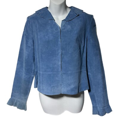 J. Marco Galleries Light Blue Genuine Suede Leather Crop Jacket M Ruffle Collar