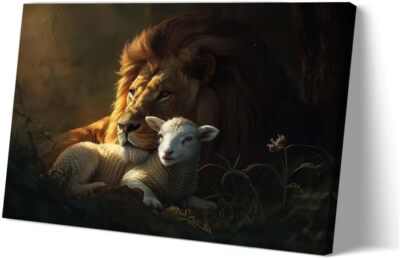 Lion and Lamb Wall Art Religious Poster Pictures Print Canvas Decor Living Room