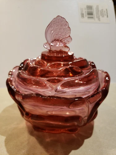 Butterfly Candy Jar Powder Box Butterfly Rose Pink Fenton Glass signed w/ label