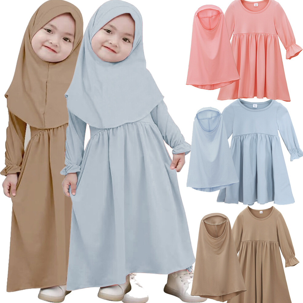 Dubai Girls Kids Hijab Abaya Mxi Dress Sets Islamic Prayer Kaftan