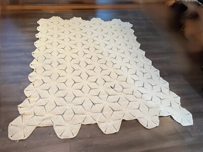 Handmade Crochet Blanket Bed Spread Heavy Cottage Shabby Chic BoHo 77x93 Ivory