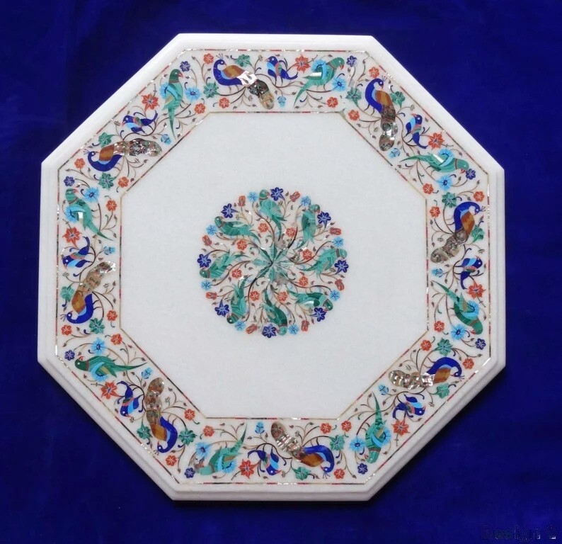 18 Inch White Marble Coffee Table with Art Inlay Design
