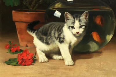 John Henry Dolph Cat Kitten Goldfish Art Wall Indoor Room Poster - POSTER 20x30