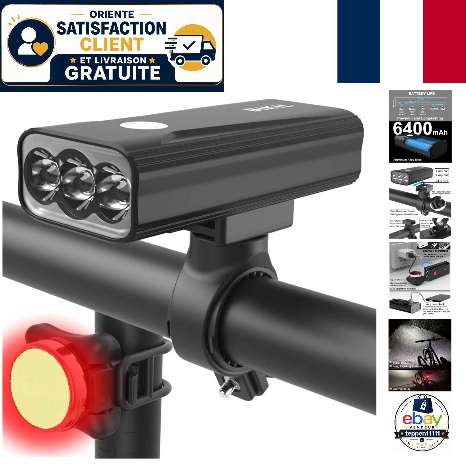 Lumière de vélo BIKIL étanche et puissante 2400 lumens avec batterie rechargeable USB-C