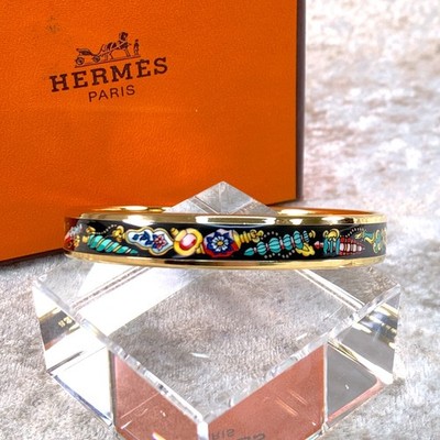 Vintage Hermes Bangle Bracelet Black Enamel Perfume Bottles Gold Rim 65  w/Box