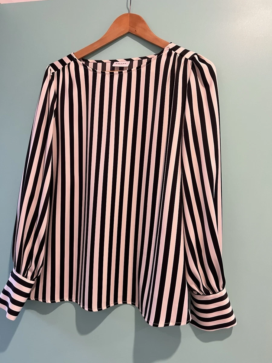 AWARE by Vero Moda Size L Black & White Striped Satin Blouse Long Sleeve. 