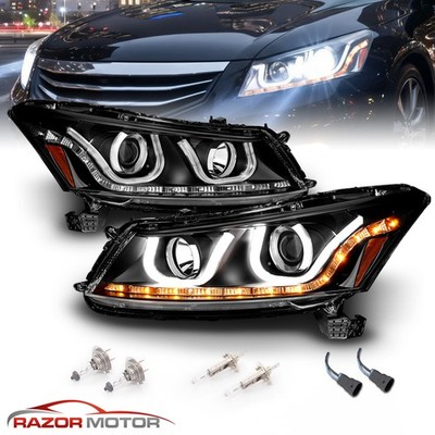 [U Shape Style]For 08-12 Honda Accord Sedan Black LED Tube Projector Headlights