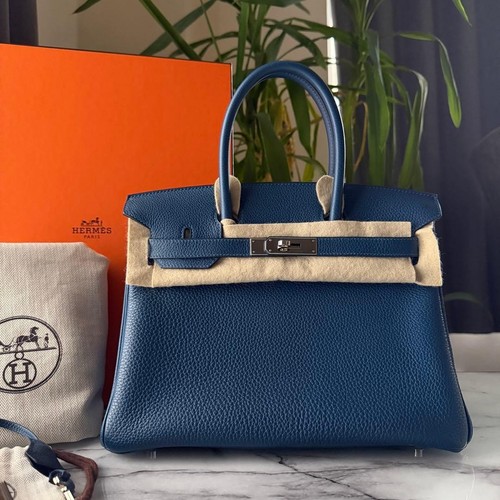 HERMES Birkin 30 Deep Blue Togo Silver Hardware D Stamp 2019 Handbag Authentic