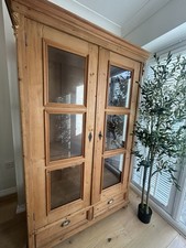 Pine Larder Cupboard Two Drawer Key Lock Glass Panels