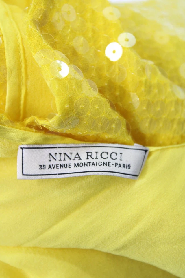 Blusa Nina Ricci Mujer Seda Lentejuelas Mangas Cortas Amarillo Sol Talla 38 EUR Foto 4 de 4