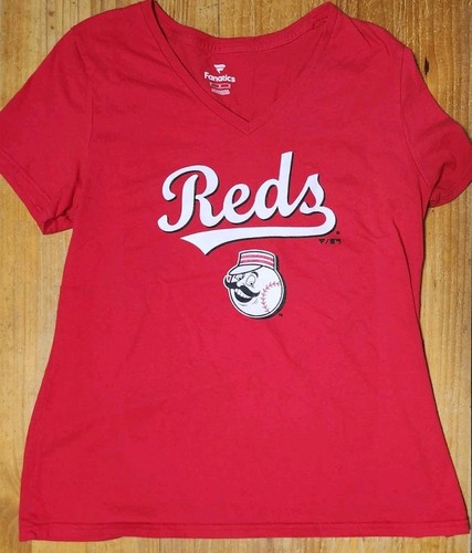 🔥 Fanatics Cincinnati Reds Damen Baseball V-Ausschnitt Shirt rot weiß Logo Medium