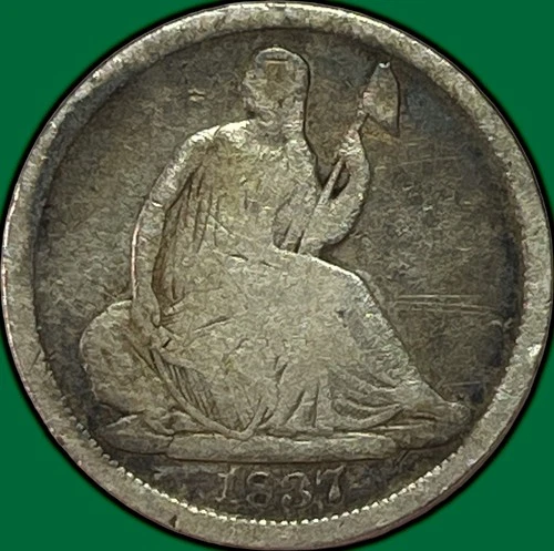 1837 No Stars, Large Date Seated Liberty Half Dime Choice Good G+ Coin #35166