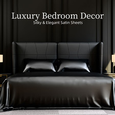 4 Pcs Bed Sheet Set Silky Smooth Satin Deep Pocket,Full/Queen/King Size,Black