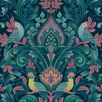 Buntes Pfauen Damast Strukturiertes Vinyl Tapete Navy Pink Grandeco A67801