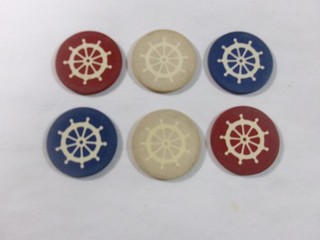 6 Antique Clay Poker Chips with Inlaid Ships Wheel in 3 Colors 1908 Design